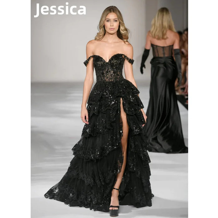 Jessica Black Glitter Prom Dresses Luxury Lace Embroidery Evening Dress Vestidos De Fiesta Side Slits Party Dress Customized