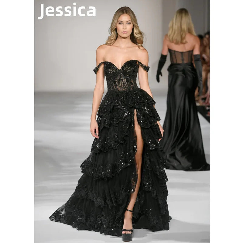 Jessica Black Glitter Prom Dresses Luxury Lace Embroidery Evening Dress Vestidos De Fiesta Side Slits Party Dress Customized