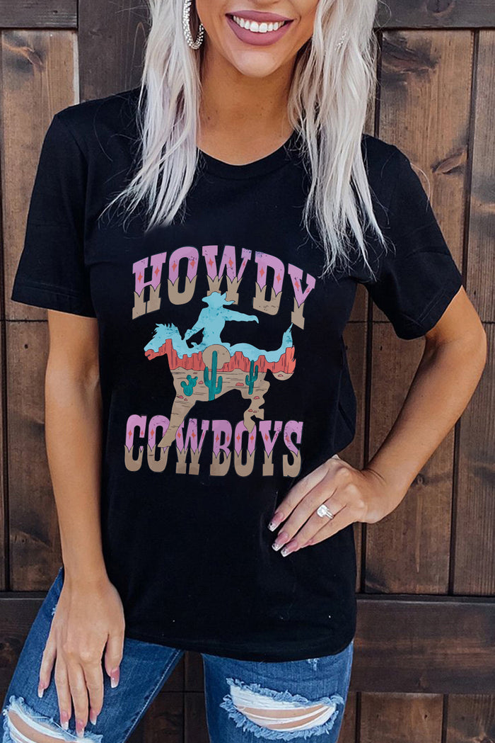 Black HOWDY COWBOYS Western Fashion Graphic Tee