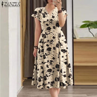 ZANZEA Ruffle Sleeve V Neck Party Sundress Casual Women 2024 Summer Cinch Waist A-line Vestidos Floral Print Fashion Midi Dress