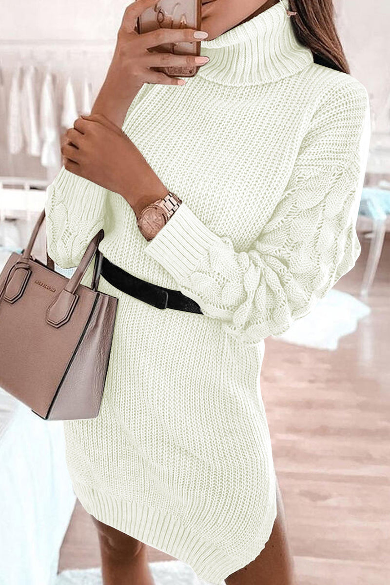 Gray Plain Turtleneck Sweater Dress with Slits