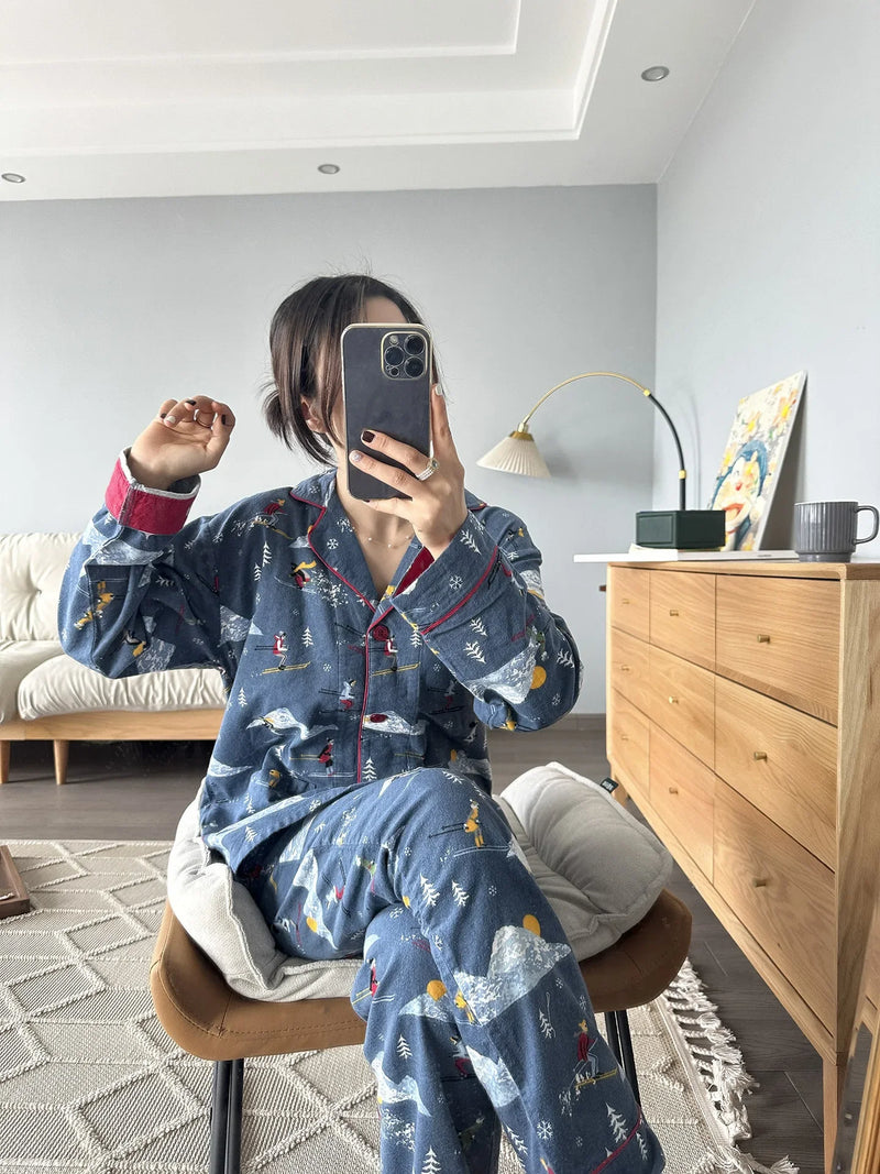 100% Cotton Pajamas for Women Loose Cartoon Long Sleeve Pants Loungewear Women 2 Piece Set Pj Women Outfit Sleepwear Set Pijamas