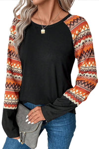 Orange Geo Print Raglan Patchwork Long Sleeve Tee