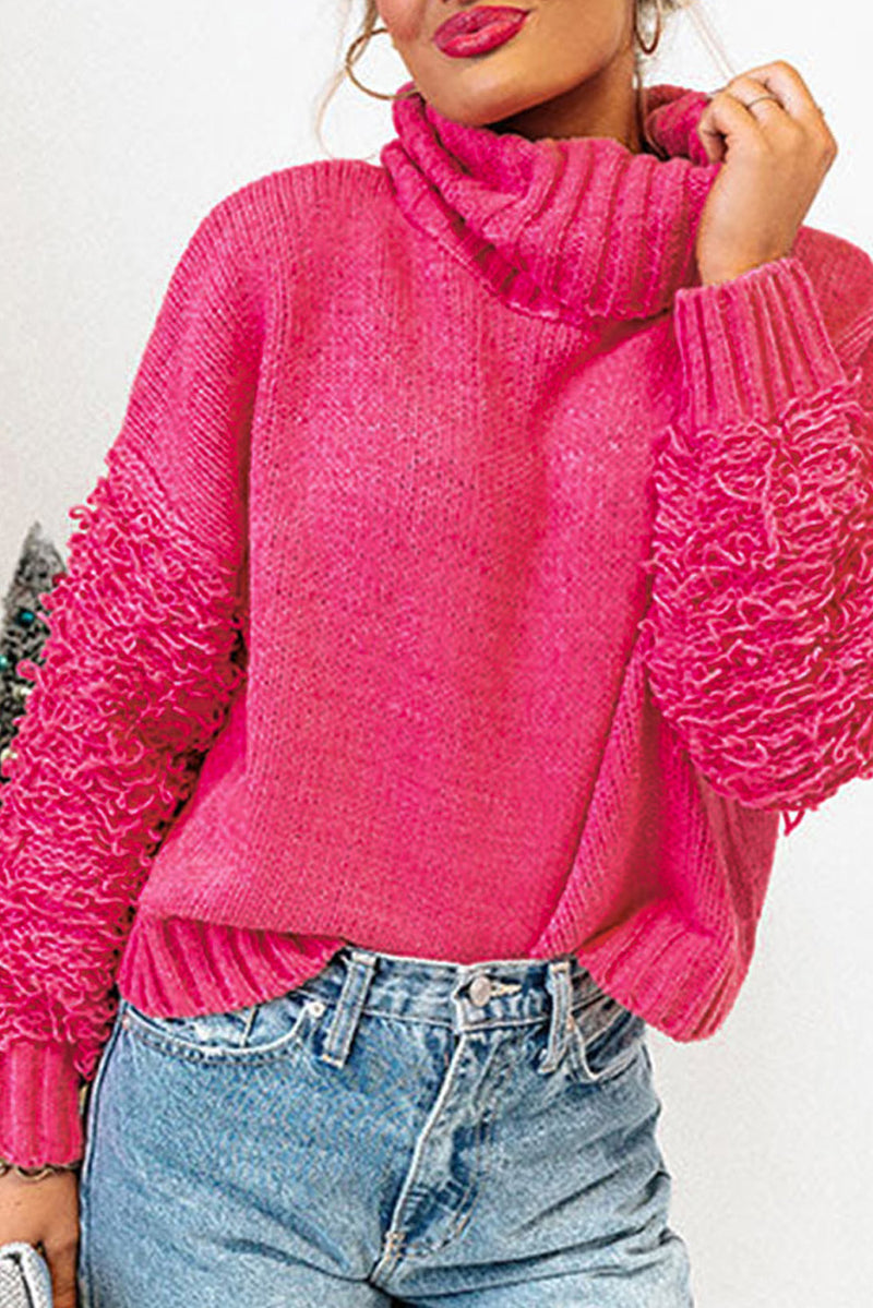 Pink Ribbed Turtleneck Fuzzy Sleeve Knit Sweater