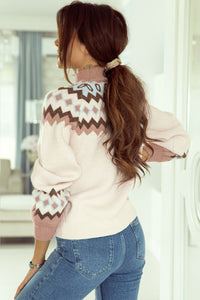 Khaki Geometric Pattern Ribbed Trim High Neck Sweater