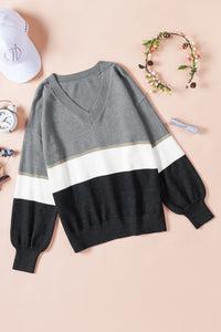 Gray Colorblock V Neck Sweater