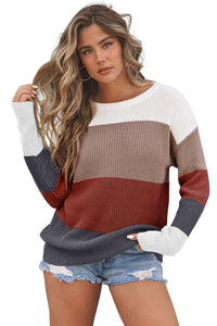 Chestnut Color Block Knitted O-neck Pullover Sweater