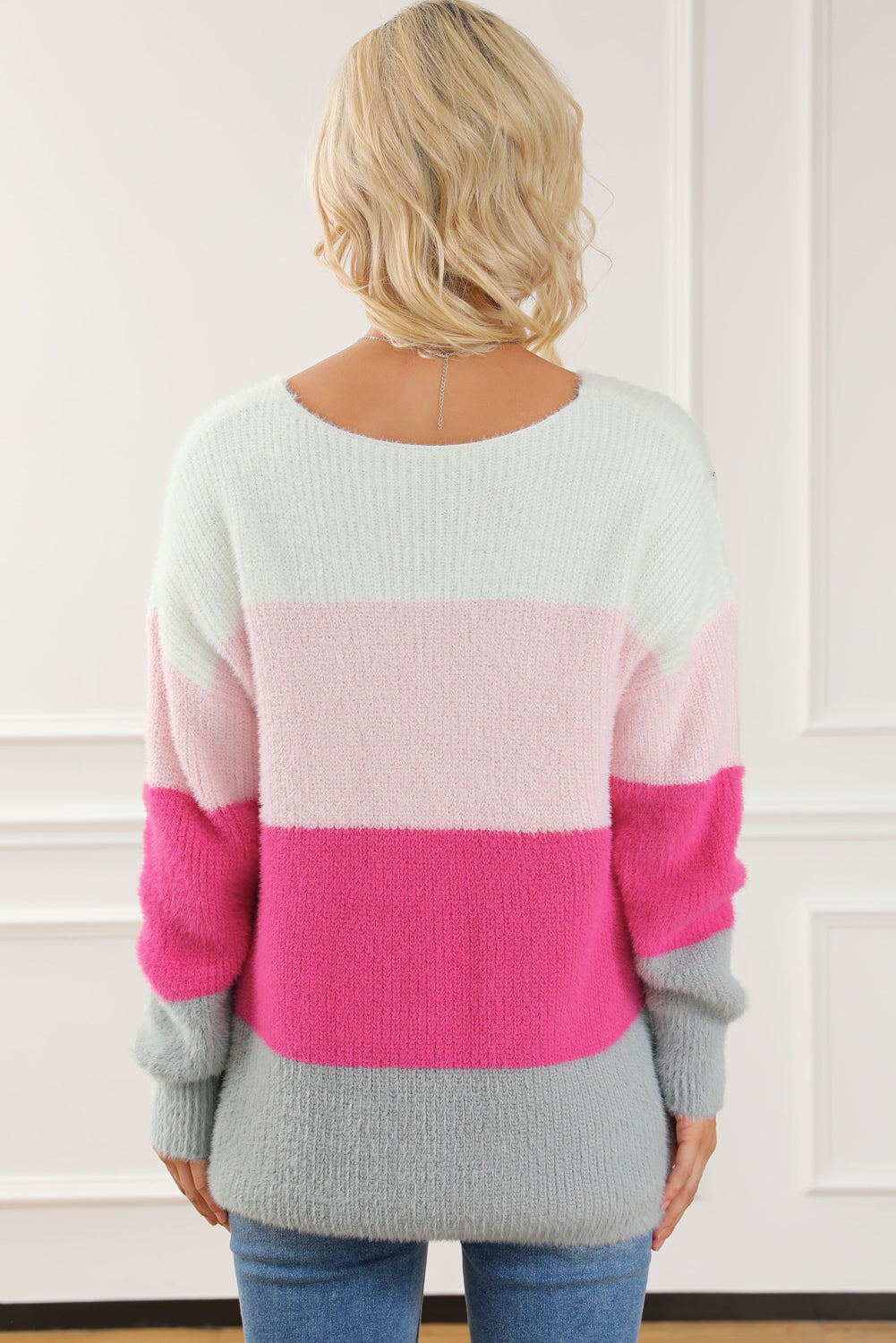 Striped Color Block Fuzzy V Neck Sweater