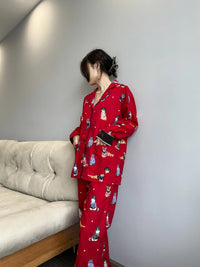 100% Cotton Pajamas for Women Loose Cartoon Long Sleeve Pants Loungewear Women 2 Piece Set Pj Women Outfit Sleepwear Set Pijamas