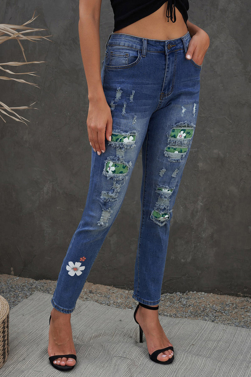 Sky Blue Floral Leopard Print Patchwork Distressed High Waist Jeans