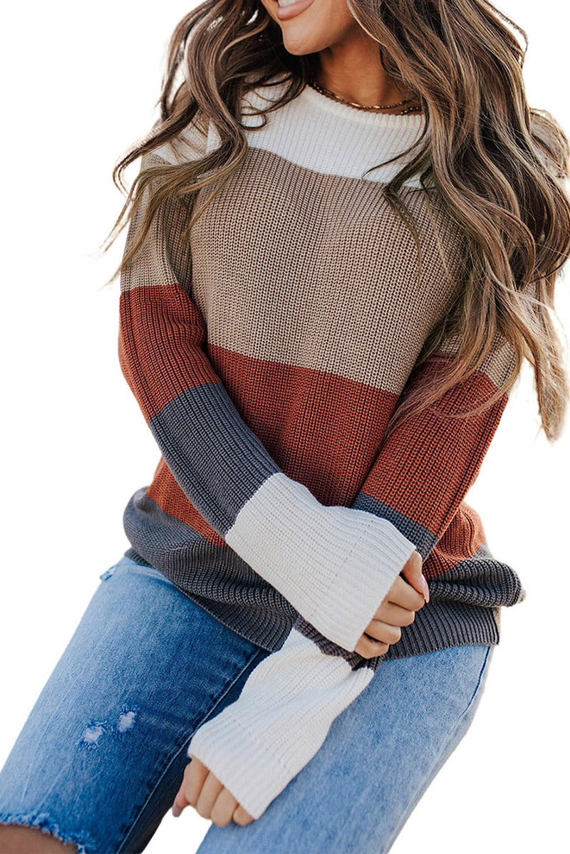 Chestnut Color Block Knitted O-neck Pullover Sweater