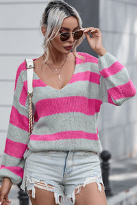 Green Striped Colorblock Knit V Neck Loose Fit Sweater