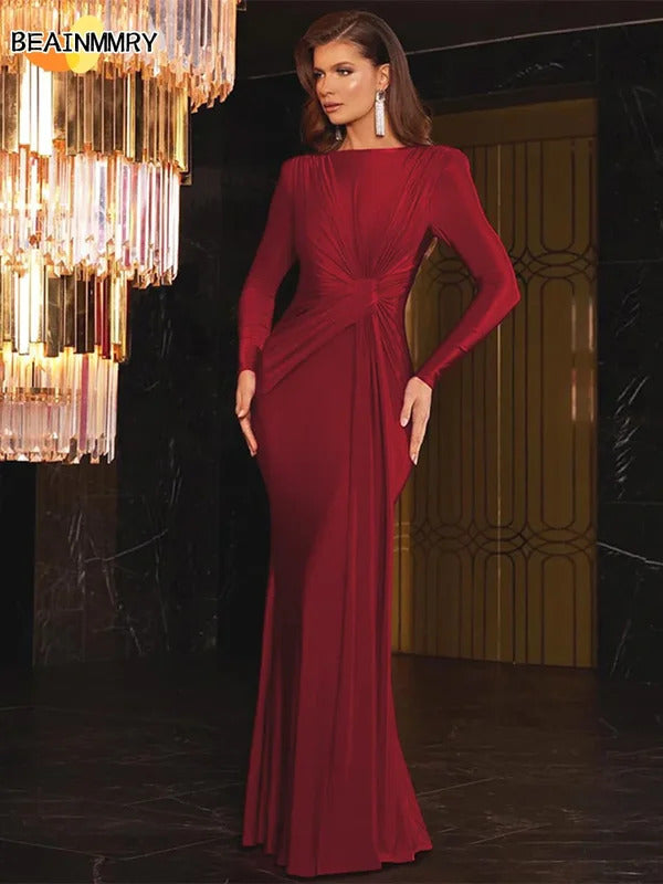 Burgundy  Sexy Pleated Lace Up Long Dress Lady Fashion Round Neck Slim Fit Long Sleeved Evening Gown 2024 New Chic Outfits