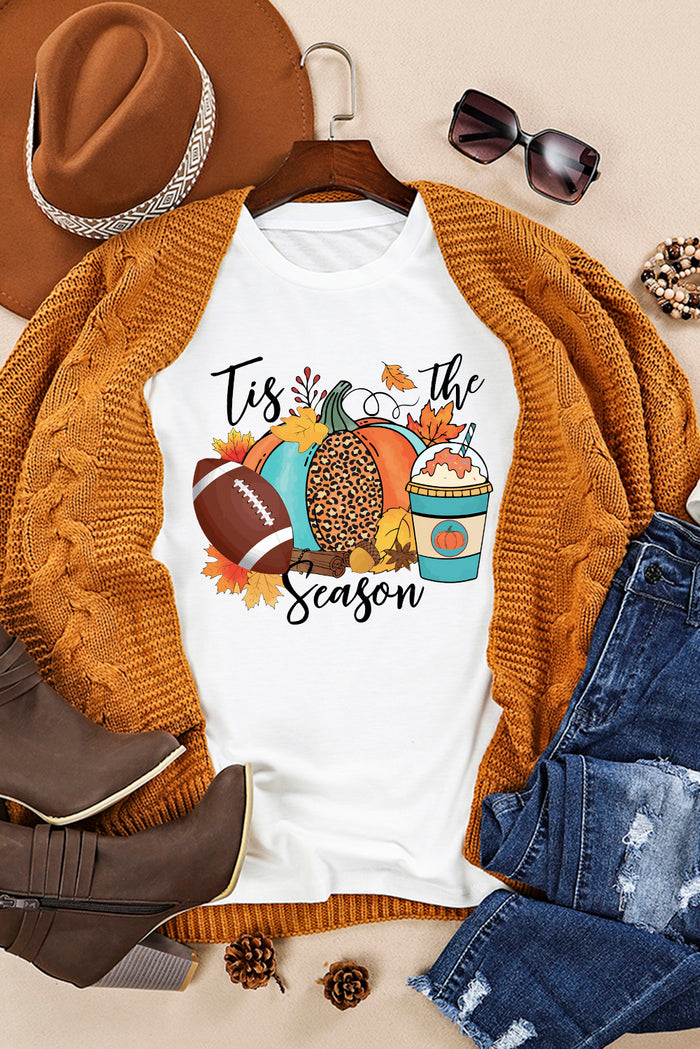 White Tis The Season Pumpkin Graphic Print Crew Neck T Shirt