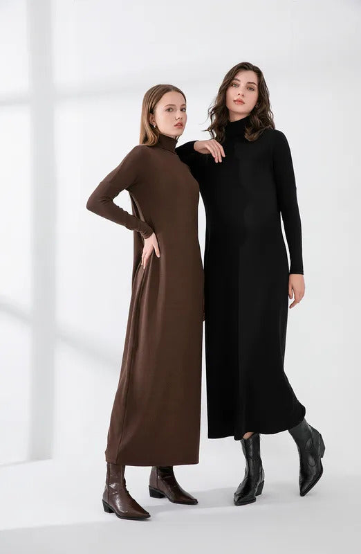 AS 2024 winter turteneck thicken ribbing dress soft and comfortable basic turn-down collar maxi dress ( Ship out in 1 day)