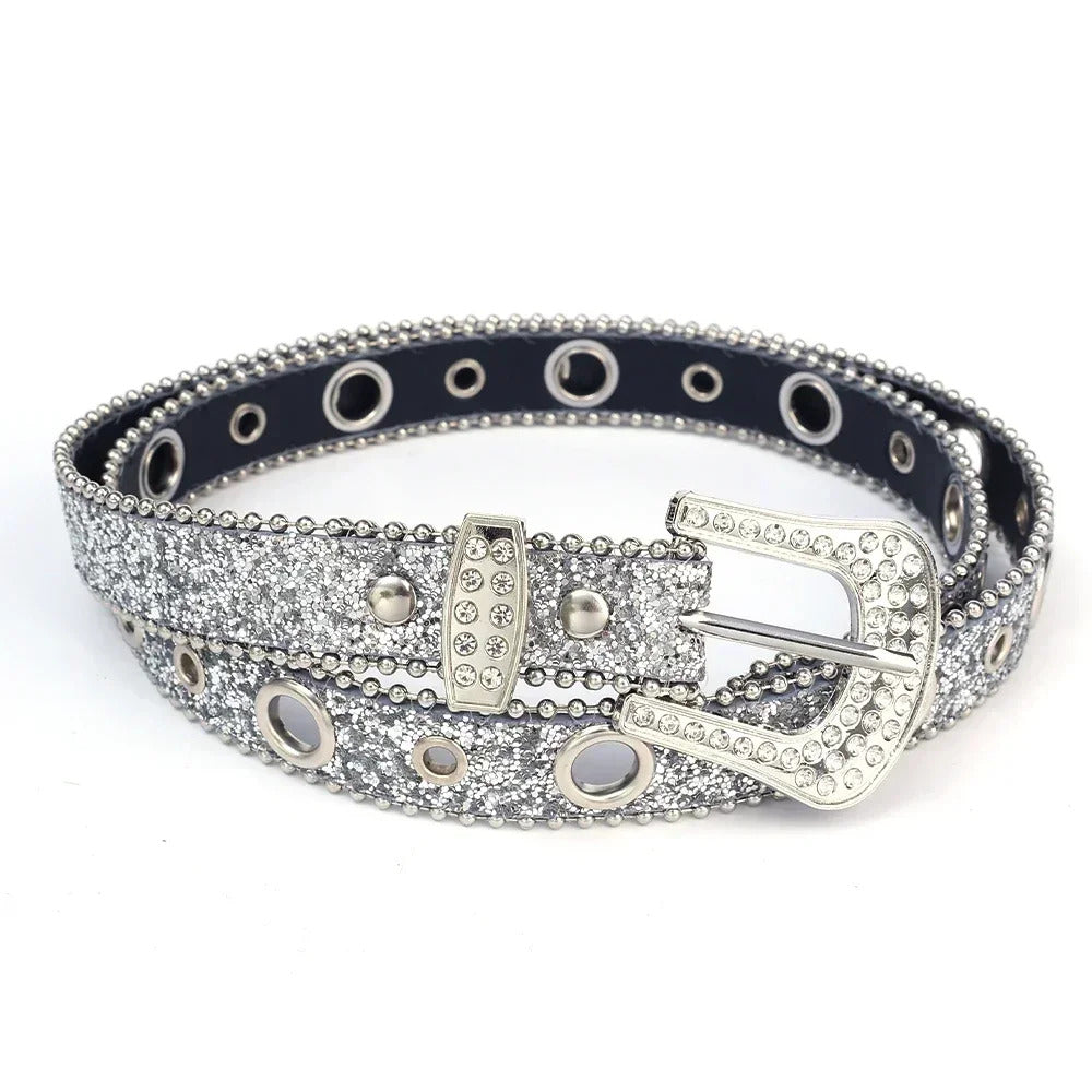 Y2K Women Fashion Solid Print Studded Full Rhinestone Belt PU Leather Bling Crystal Adjustable Glitter Waistband for Club Party