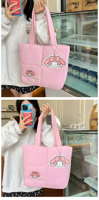 2024 New Sanrio Handbag Cartoon Cute Down Fabric Kuromi Tote Bag Shoulder Pacha Dog Cute Stationery Bag Large Capacity Handbag