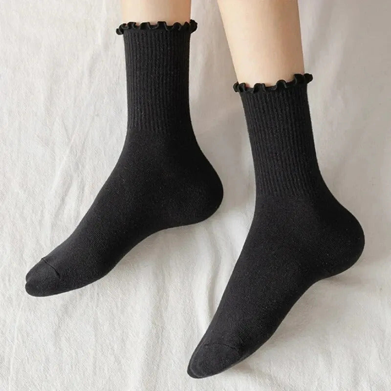 5 /10 Pairs Lot Socks for Women Ruffle Middle Tube Ankle Short Breathable Black White Set Spring Autumn