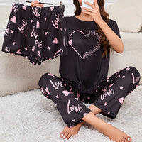 Women's Short Sleeve Crew Neck Top With Shorts And Pants 3 Piece Loungewear Sleepwear Lounge Sets Nighty Print Casual Pajama Set