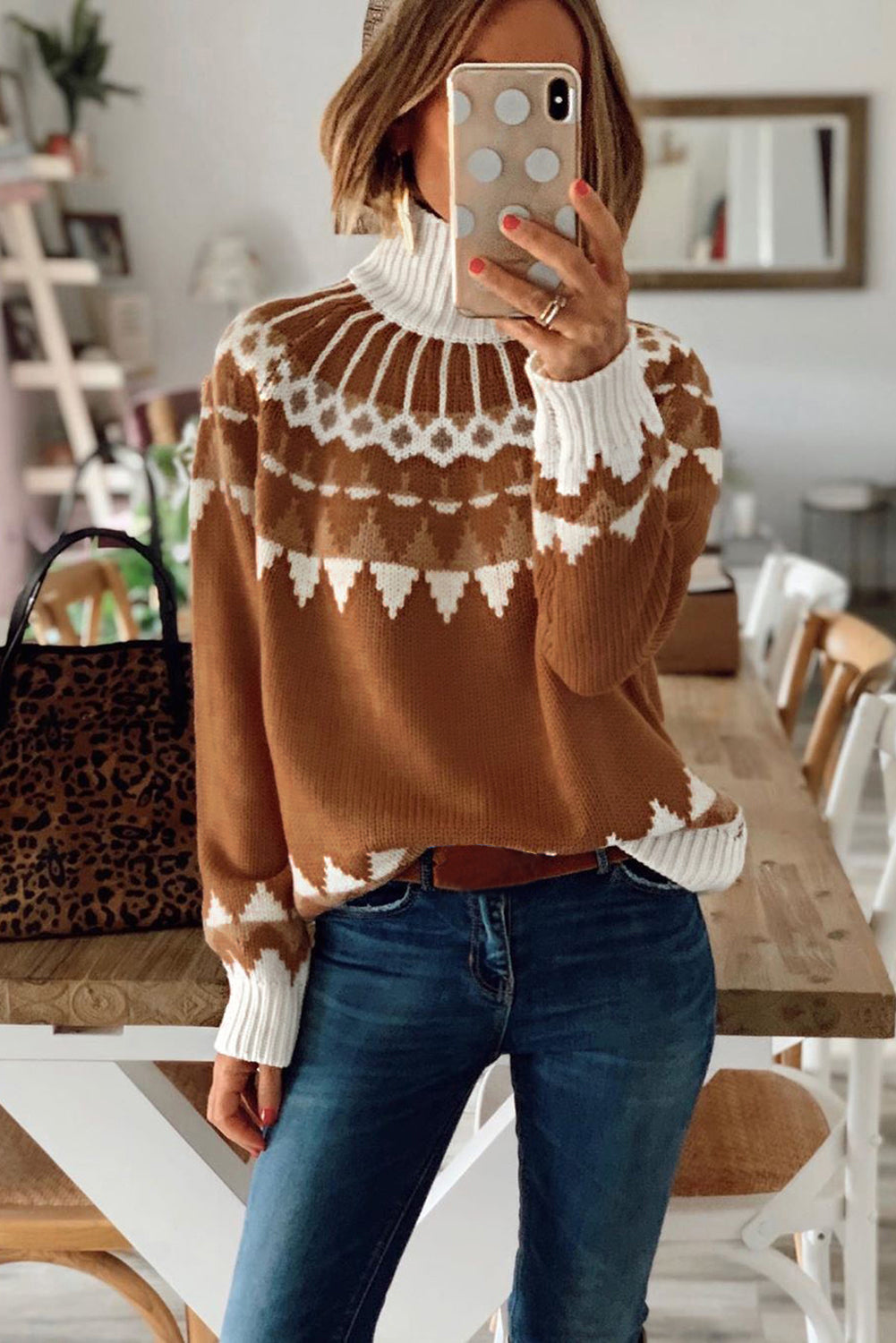 Apricot High Neck Printed Knit Sweater