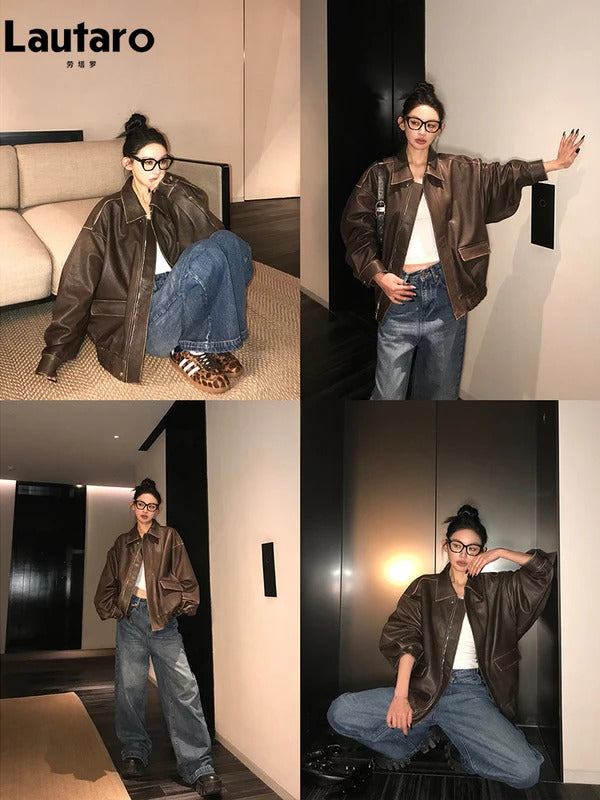 Lautaro Spring Autumn Cool Handsome Retro Oversized Distressed Brown Soft Faux Leather Jackets for Women Zipper Runway Fashion