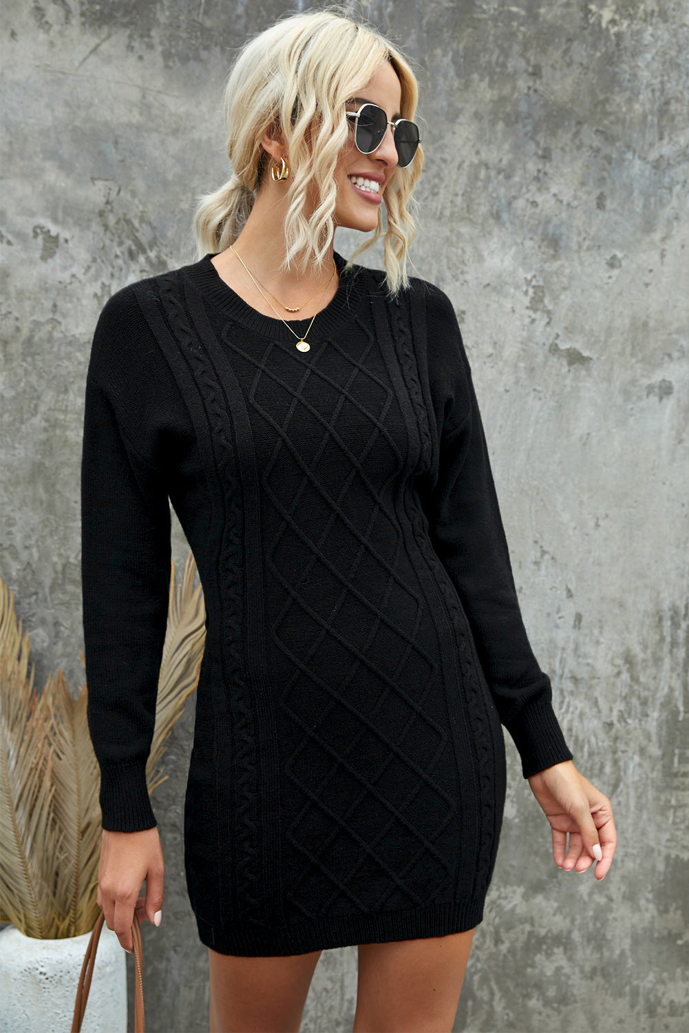 Black Geometric Texture Bodycon Sweater Dress