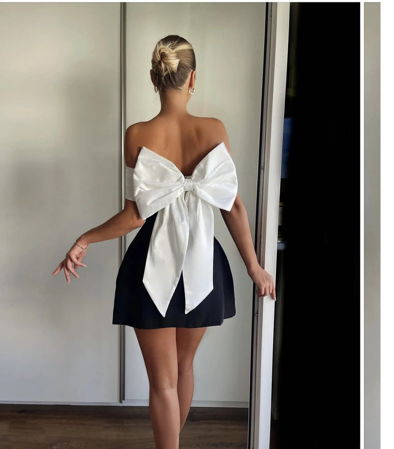 2024 Back Big Bow Decoration Mini Dress Fashion Off Shoulder High Waist Sleeveless Backless Dresses Autumnm New Party Gowns