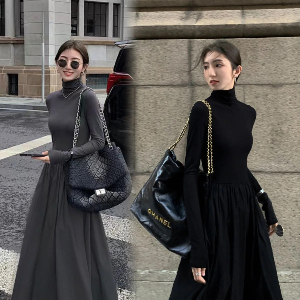 With Coat Knitted Fishtail Dress Women Autumn and Winter Long Hepburn Sle Black Dress Slim fit Inner wear Bottoming Sweater...