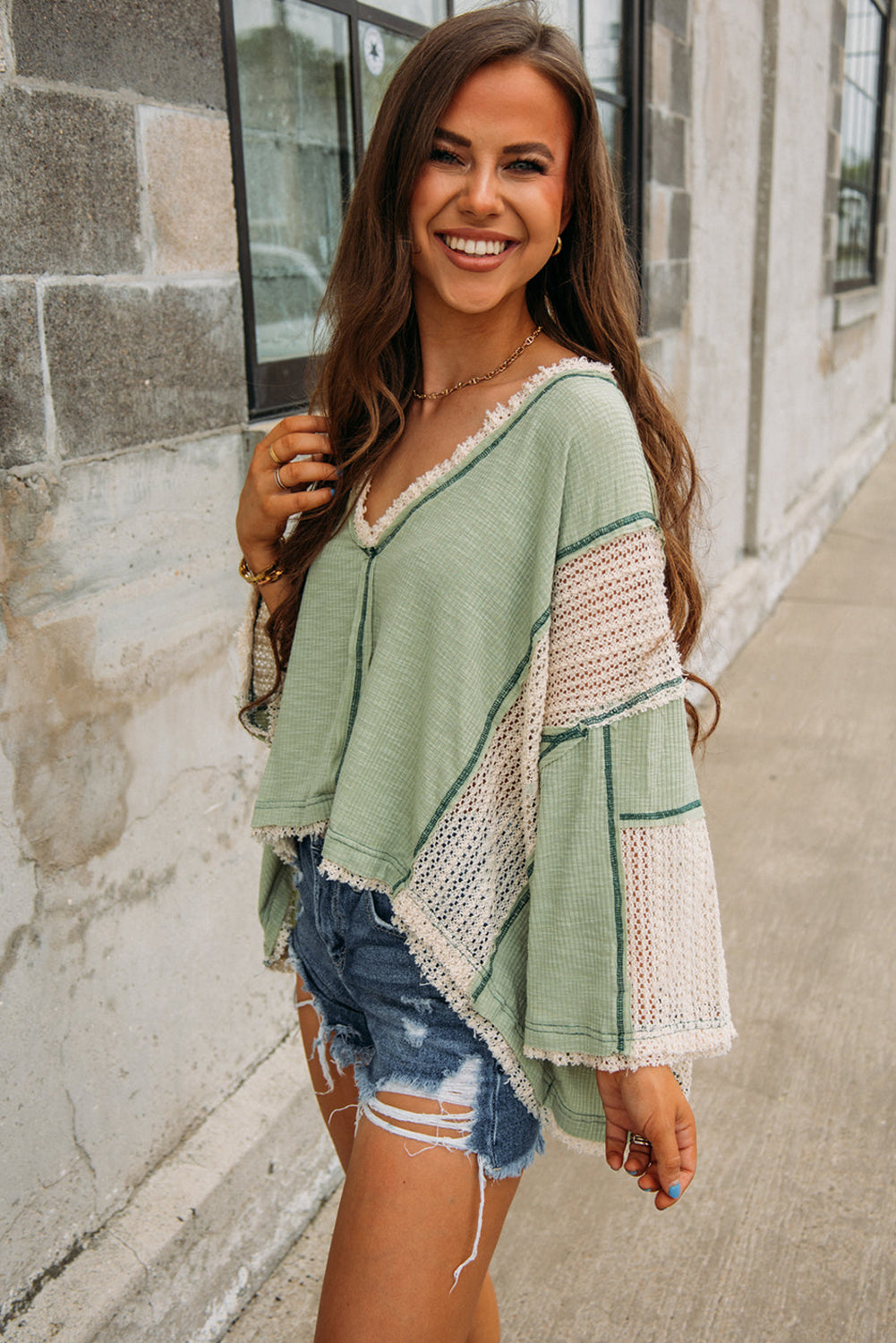 Grass Green Crochet Detail Exposed Seam High Low Loose Top