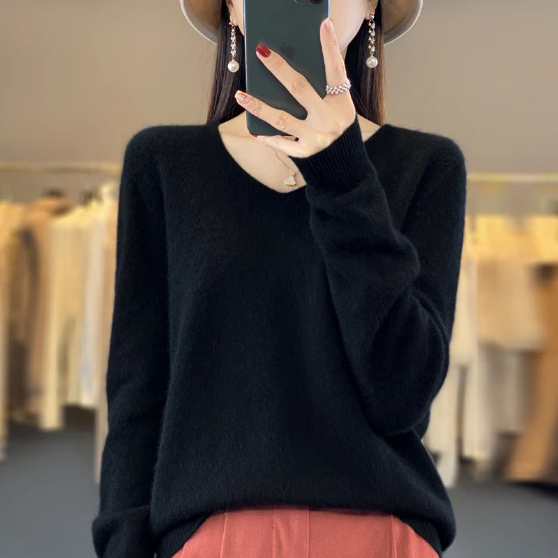 100% pure wool cashmere sweater women's V-neck pullover casual knit top autumn and winter women's coat Korean fashion