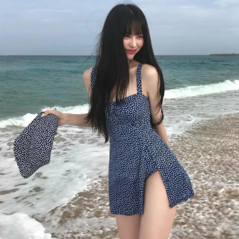 Sexy Korean Blue Swimwear Woman One Piece Swimsuits Dress Female Bandeau Monokini Bathing Swimming for Women Bathers 2024 New