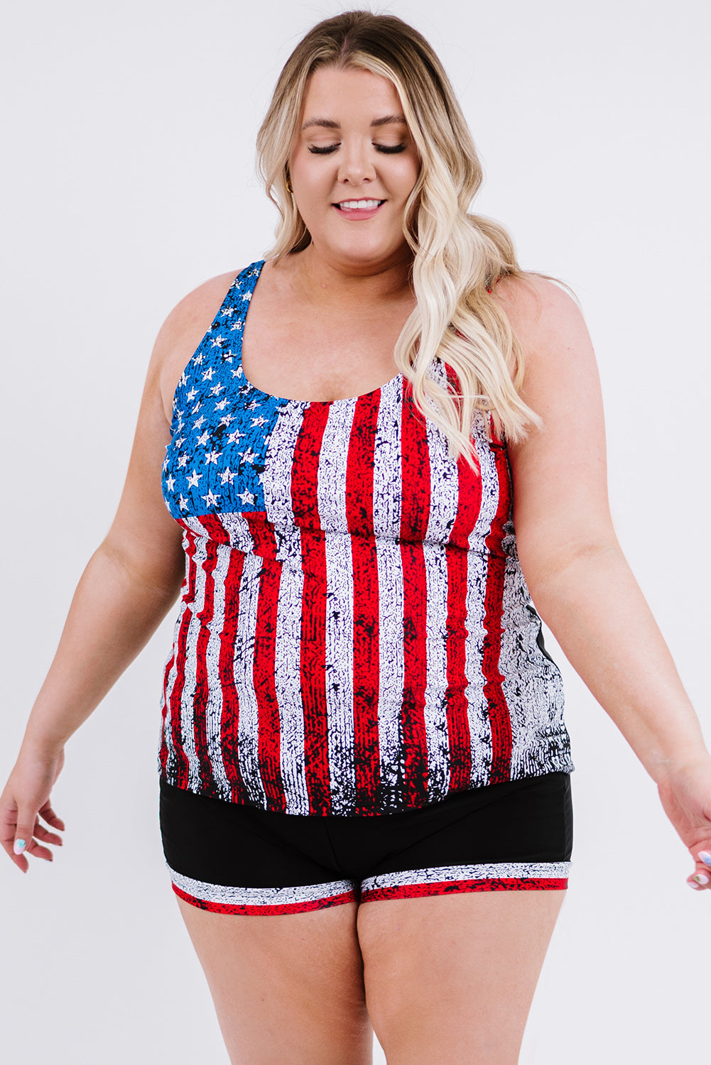 Multicolor Multicolor Multicolor American Flag Print Tankini Plus Size Swimwear