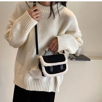 2023 Winter New Women's Plush Small Square Bag Color Contrast Design Single Shoulder Crossbody Bag Brown Handbag