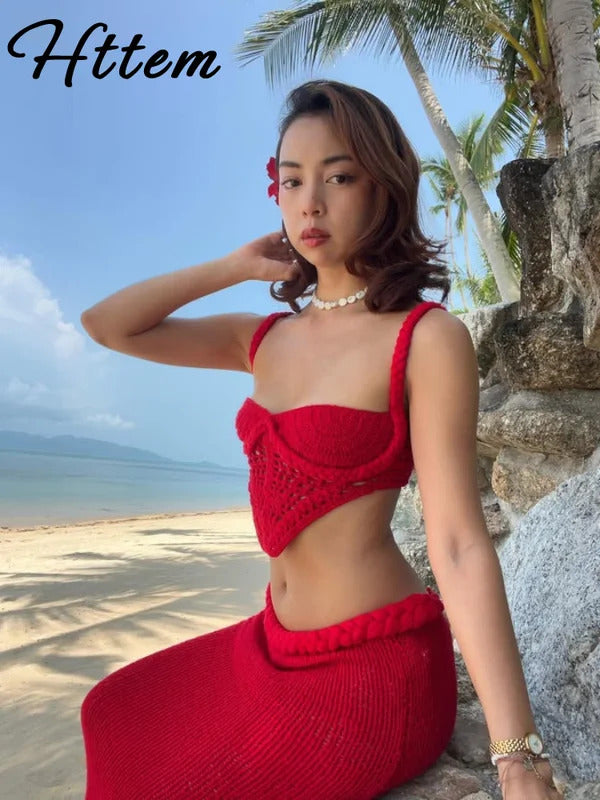 Knit Halter 2 Piece Suit Women Halter Sleeveless Backless Crop Tank Long Hip Package Skirt 2025 Vacation Lady Sets