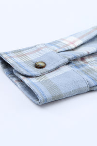 Sky Blue Plaid Print Pocket Drawstring Hooded Jacket