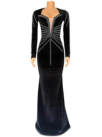 Elegant Diamonds Velvet Long Party Dress for Women Sexy Deep V Evening Gown Formal Black Slim Dress Robe