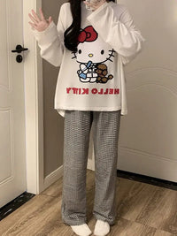 Women's Loose Round Neck Cute Kitty Homewear Pajamas Women's Simple Leisure Long Sleeve Long Pants Two-piece Suit Pajamas  Women