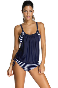 Leopard Grey Layered-Style Striped Tankini with Triangular Briefs