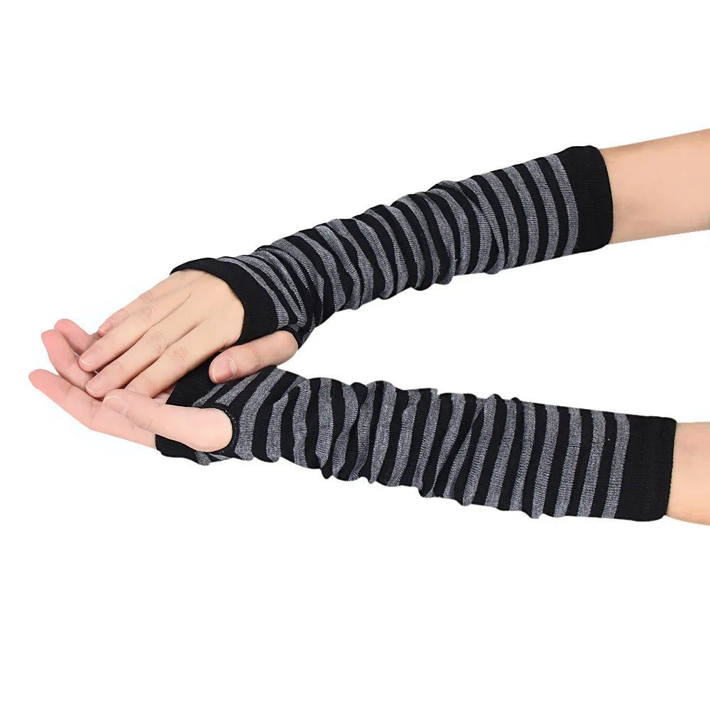 Winter Fashion Striped Arm Warmers Knitted Female Wrist Hand Warmer Pure Color Long Fingerless Gloves Mitten Women Sleeves