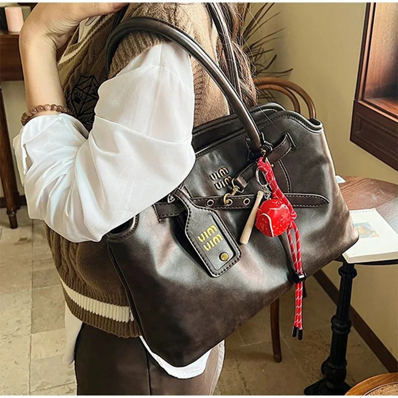 Women's Retro Brown Shell Bag Popular Large Capacity Multiple Compartments Briefcase High Quality Fashion Shoulder Tote Bag