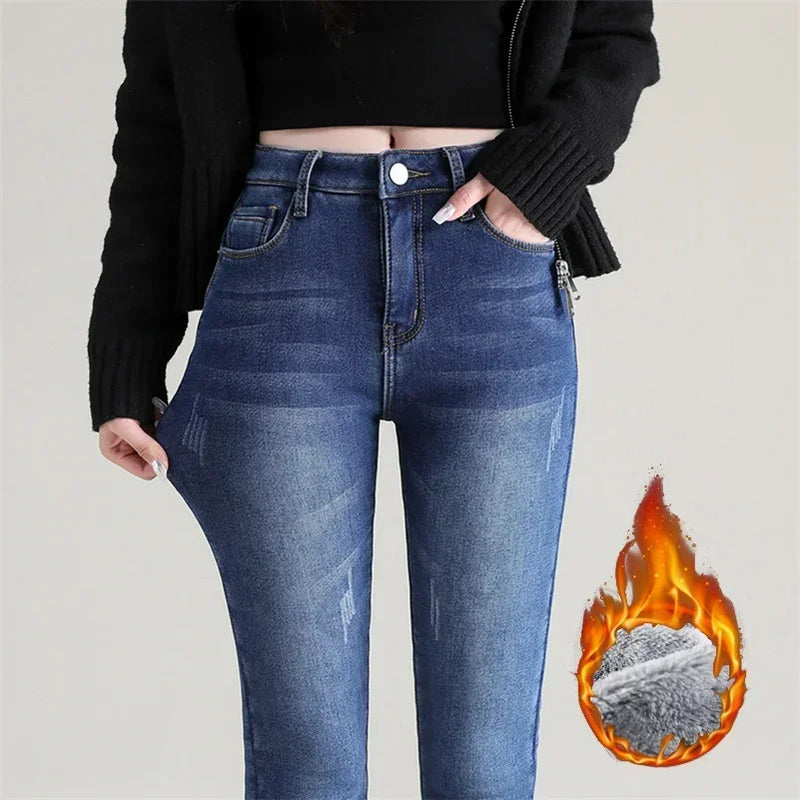 Women Thermal Skinny Jeans Mom Winter Warm Plush Stretch Jeans Lady Fleece Snow Denim Pants Student Pencil Straight Leg Trousers