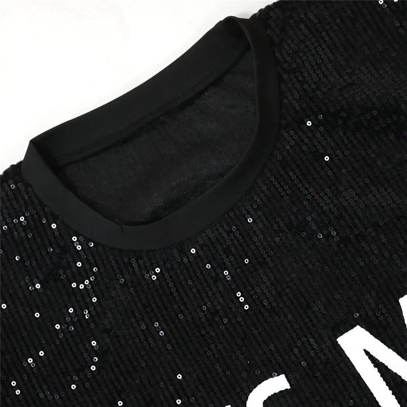 Summer Women 2023 Casual It's My Birthday Letter Print Glitter Sequins Party Dress Half Sleeve Loose O Neck T Shirt Dress Black