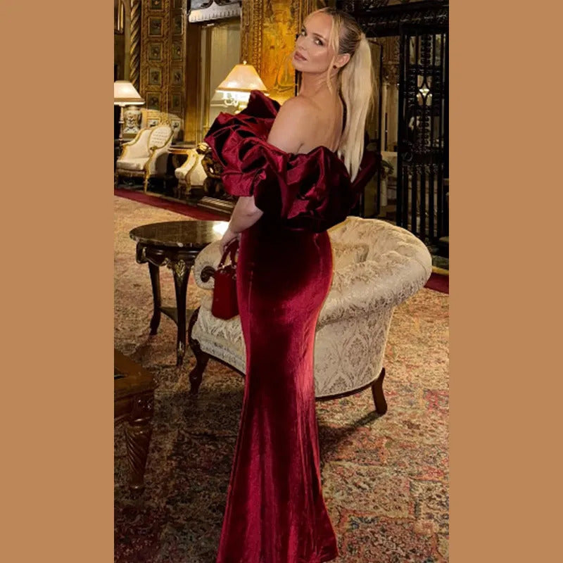 Red Velvet Ruffles Spliced High Wasit Long Dress Fashion Women Bodycon Off Shoulder Vestidos 2025 Lady Elegant Chic Party Gowns