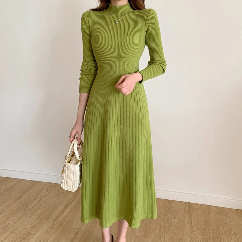 Autumn Winter 2023 Slim Long Sleeve Party Midi Dress for Women Knitted Half High Collar Elegant Knitted Sweater Dresses Ladies