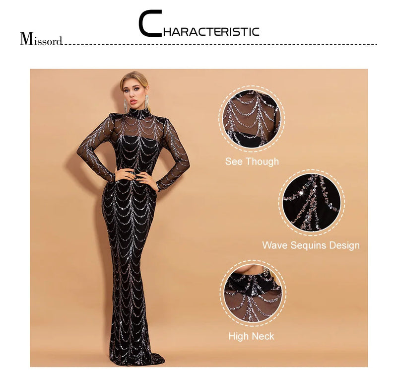 Missord Wave Sequin Party Dresses Elegant Women High Neck Long Sleeves See Though Bodycon Evening Prom Dress With Line Long Gown