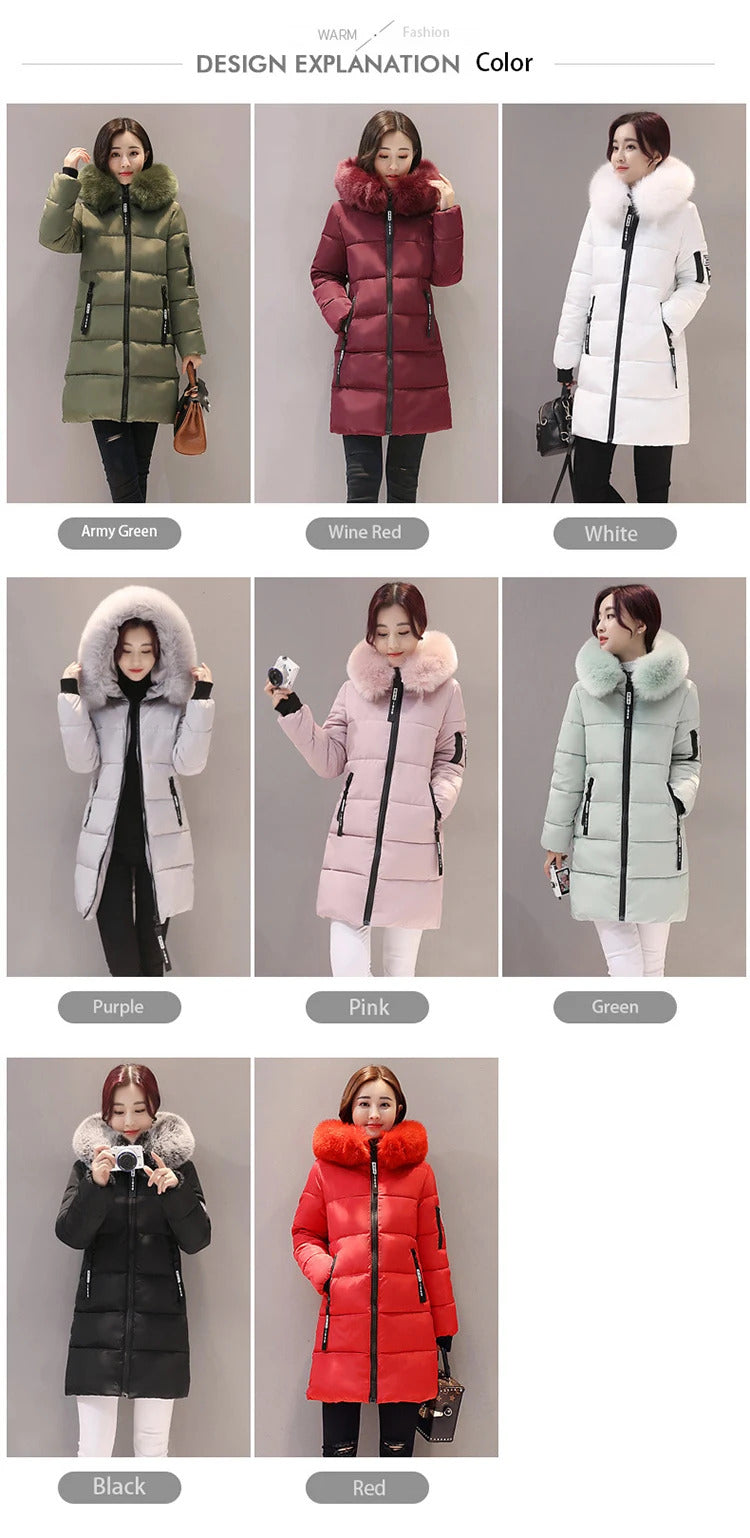 2024 Winter Women Parka Coats Long Cotton Casual Fur Hooded Jackets Thick Warm Slim-fit Jacket Female Overcoat Clothing