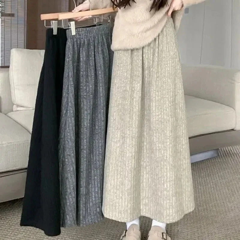 Smvp 2024 Autumn Winter New Thicken Plush A-line Skirts Wowen Solid Casual High Waisted Long Skirt Ladies Lazy Style Midi Skirts