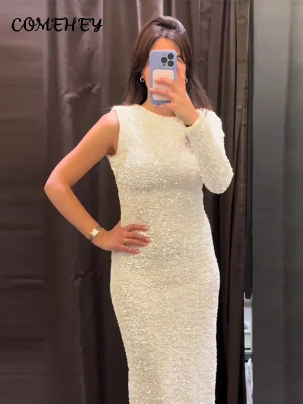 Sequined Party Dresses For Women Removable Sleeve O-neck Slim Long Dress Female 2024 Elegant White Lady Sexy Evening Vestidos