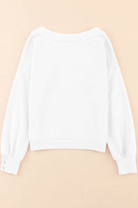 White Knitted V Neck Buttoned Cuffs Sweater