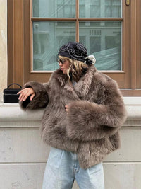 Women Fashion Dark Brown Faux Fur Lapel Jacket Loose Long Sleeve Buttons Cropped Street Coat 2024 New Winter Female Outerwear